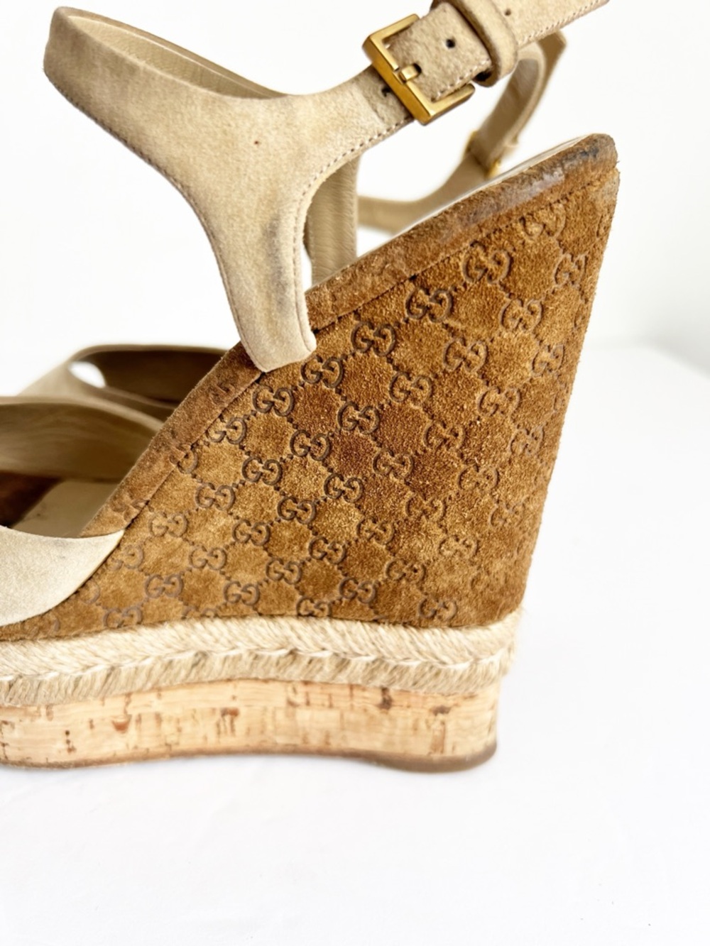SZ 36.5 Gucci Suede Espadrille Wedge Sandals Beige Logo Platform - Picture 8 of 8